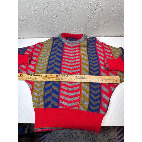Vintage Geometric Pattern Sweater Adult Dolman Sleeve Red Blue Gold Knit Size XL - Picture 4 of 5